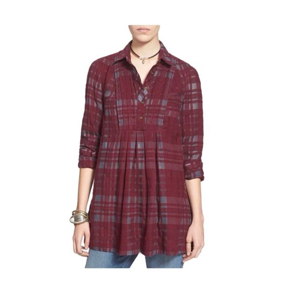 Free People Baby Blues Plaid Tunic Top Small Flannel Burgundy Pockets - Picture 1 of 16